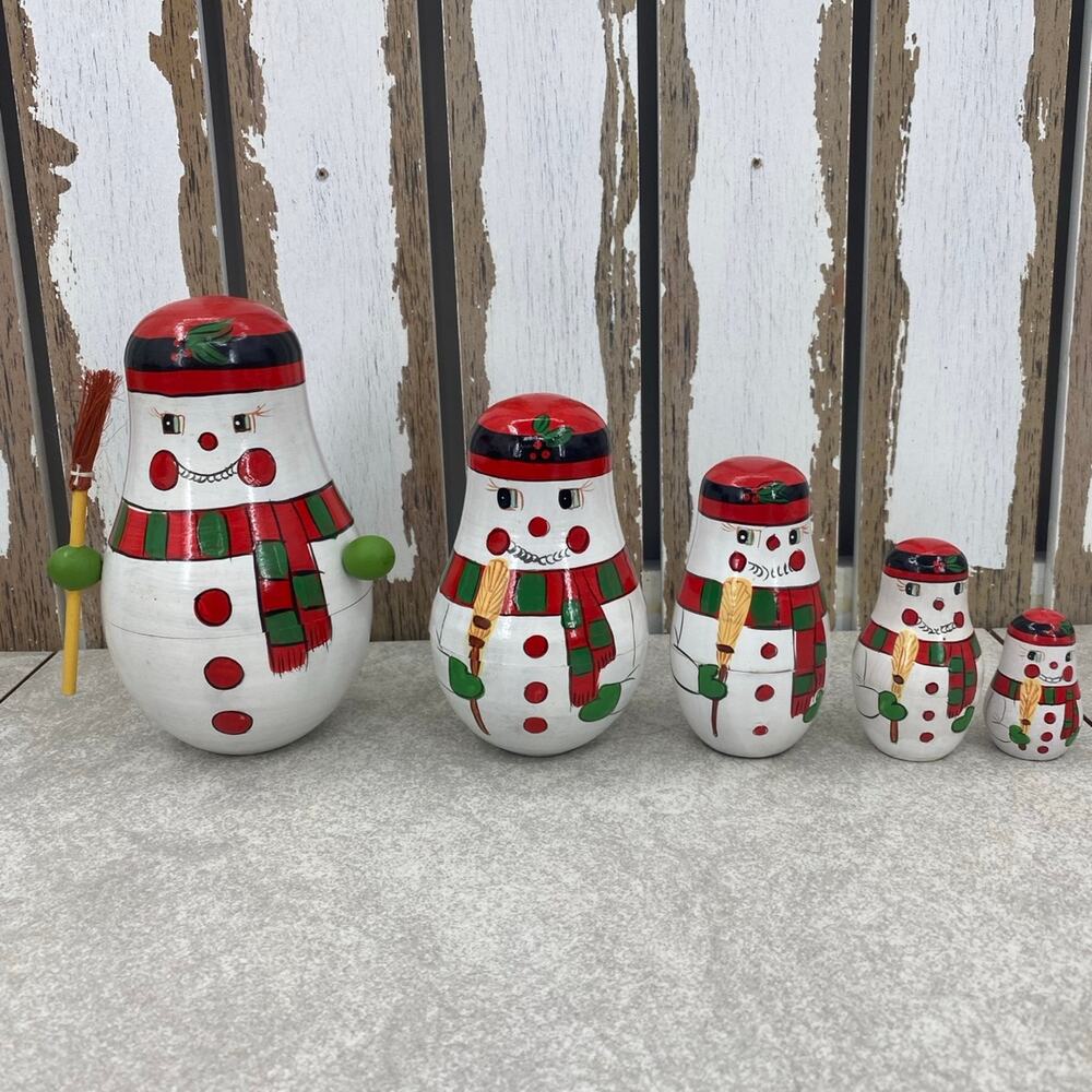 Festive Handpainted 4PC Russian Nesting Dolls Christmas Snowman Nesting Set